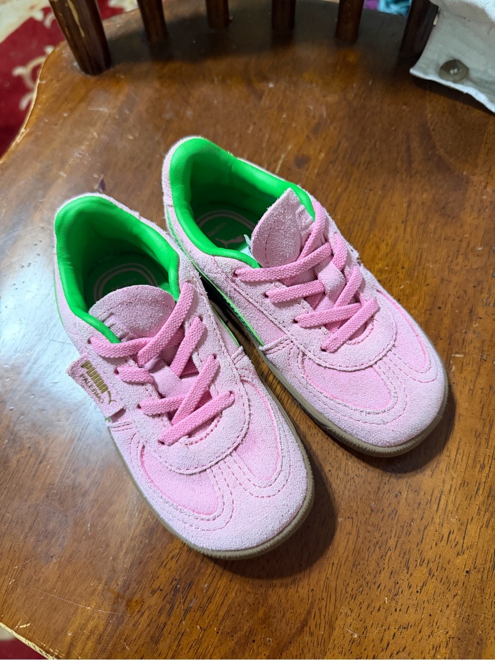 Puma Kids Pink Suede Sneakers with Bright Green Interior - Picture 2 of 4